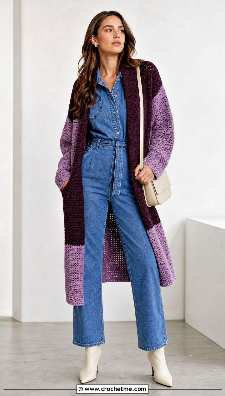 Color Block Crochet Sweater Coat With A Denim Jumpsuit - 20 Crochet Sweater Coat outfit ideas