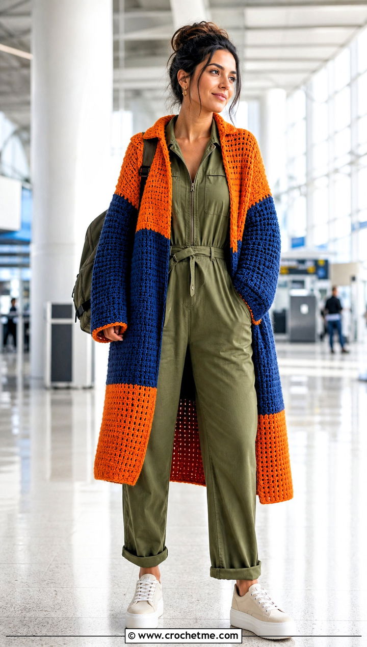 Color Block Crochet Sweater Coat With Utility Jumpsuit - 30 crochet long cardigan sweater coats outfit ideas