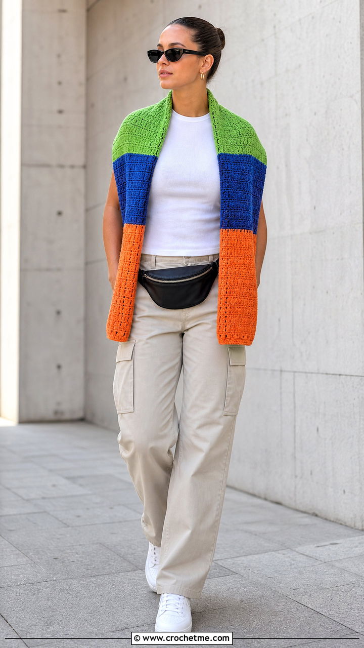 Color Block Crochet Sweater Scarf With Cargo Pants - 35 crochet sweater scarf outfit ideas