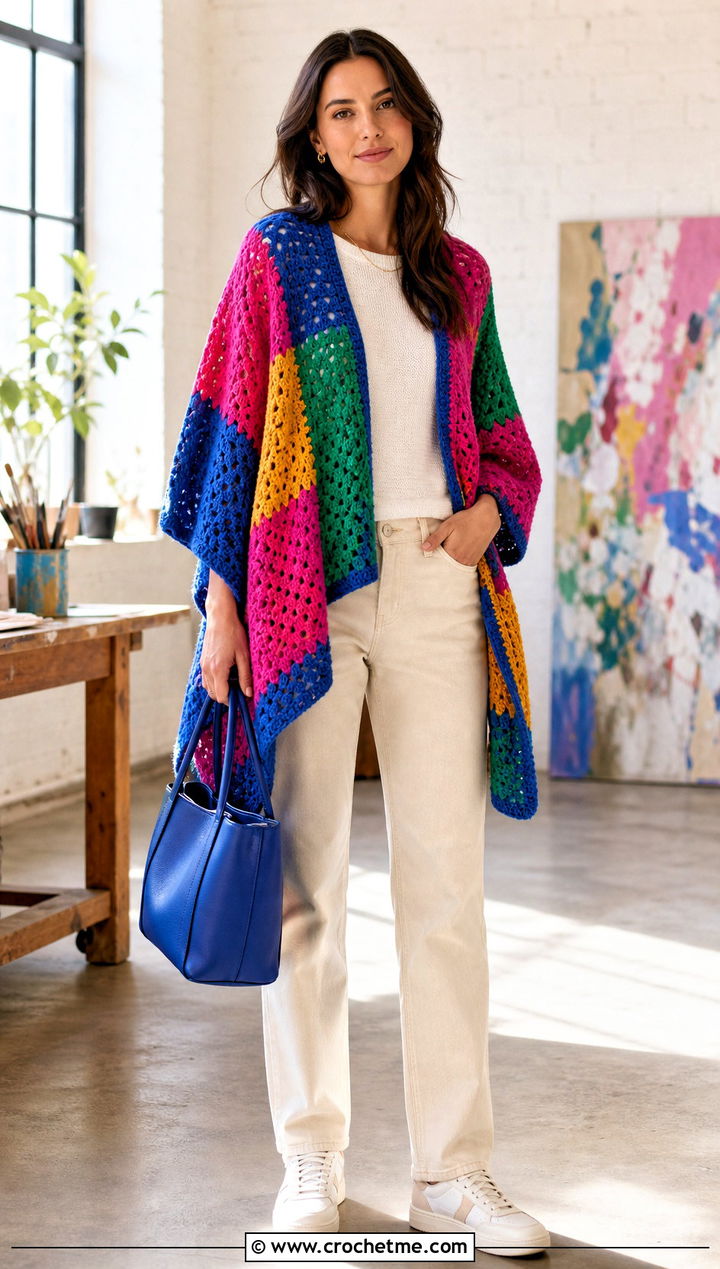 Color Block Crochet Sweater Shawl With Neutral Basics - 25 crochet sweater shawl outfit ideas