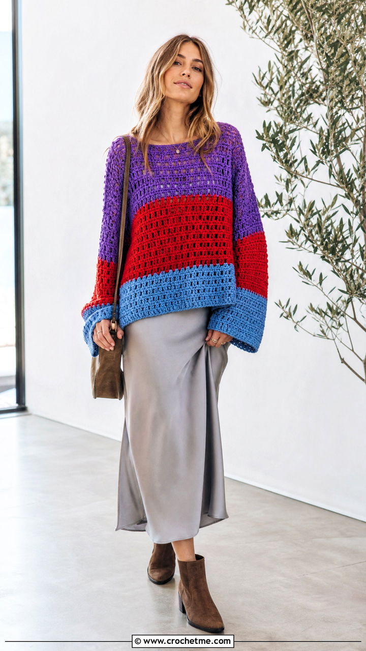 Color Block Crochet Sweater Top With Slip Dress - 35 hippie crochet top outfit ideas