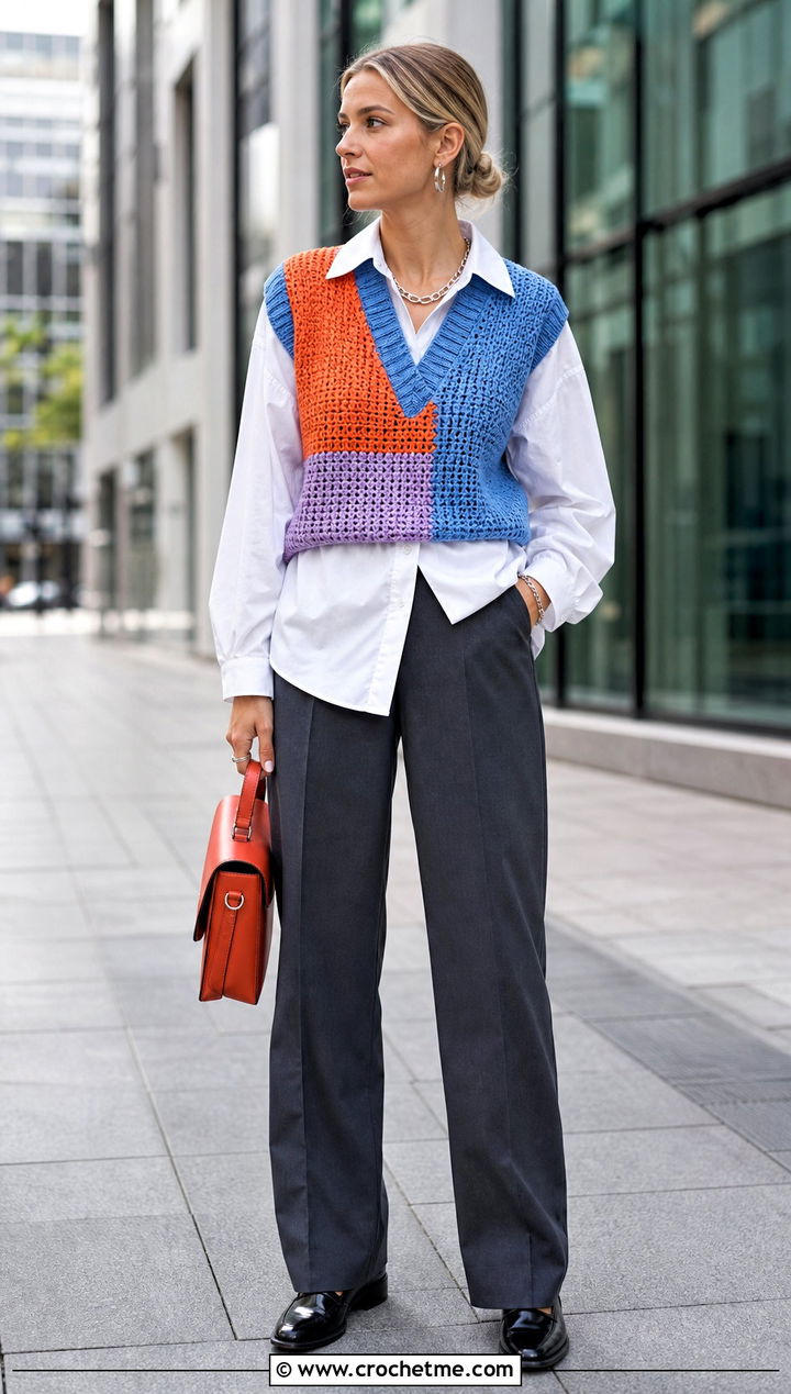 Color Block Crochet Sweater Vest With Shirt And Trousers - 25 Color Block Crochet Sweater outfit ideas