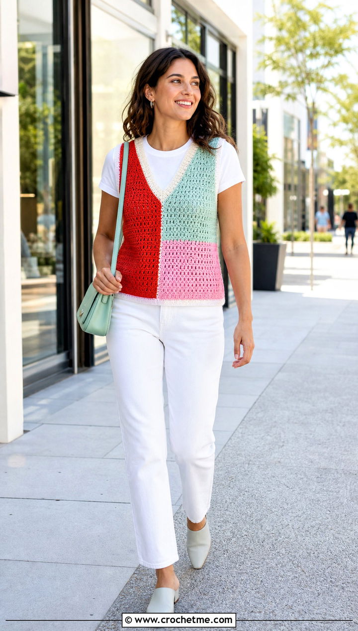Color Block Crochet Sweater Vest With White Jeans - 15 basic crochet sweater vest outfit ideas
