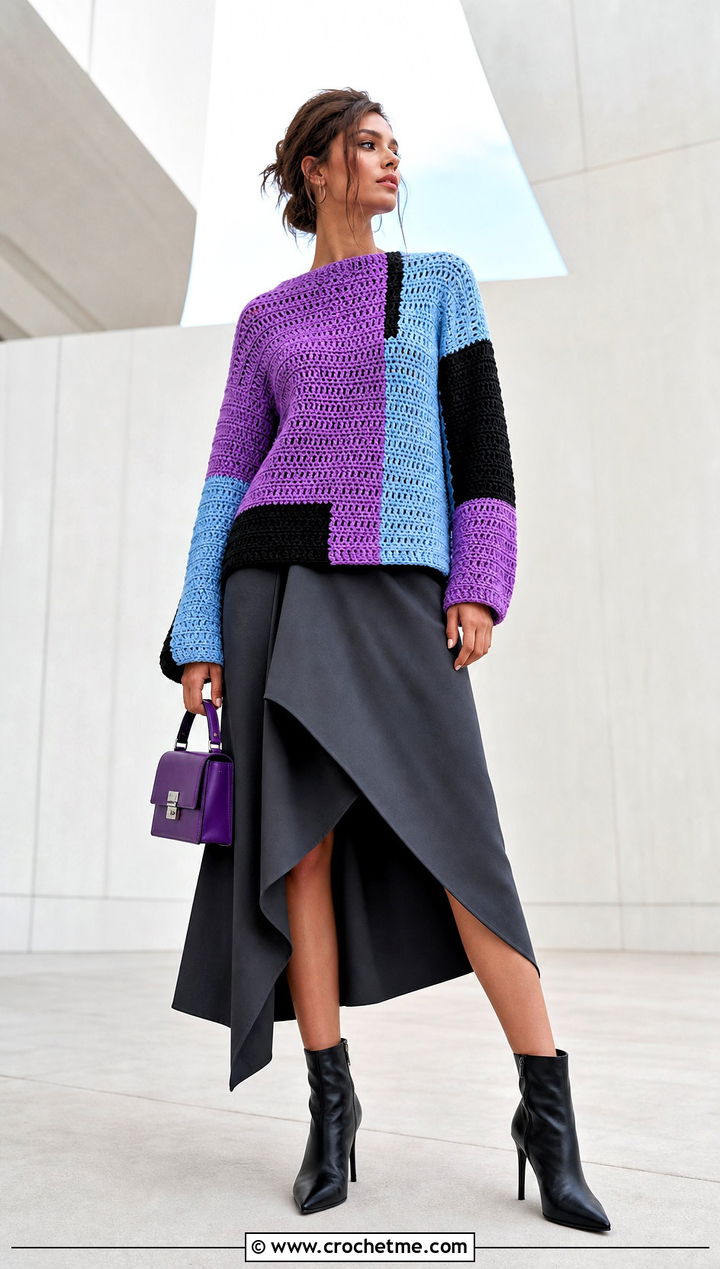 Color Block Crochet Sweater With Asymmetrical Skirt - 25 crochet sweater and skirt outfit ideas