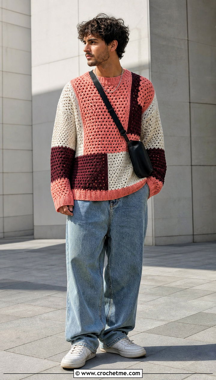 Color Block Crochet Sweater With Baggy Jeans - 25 man crochet sweater outfit ideas
