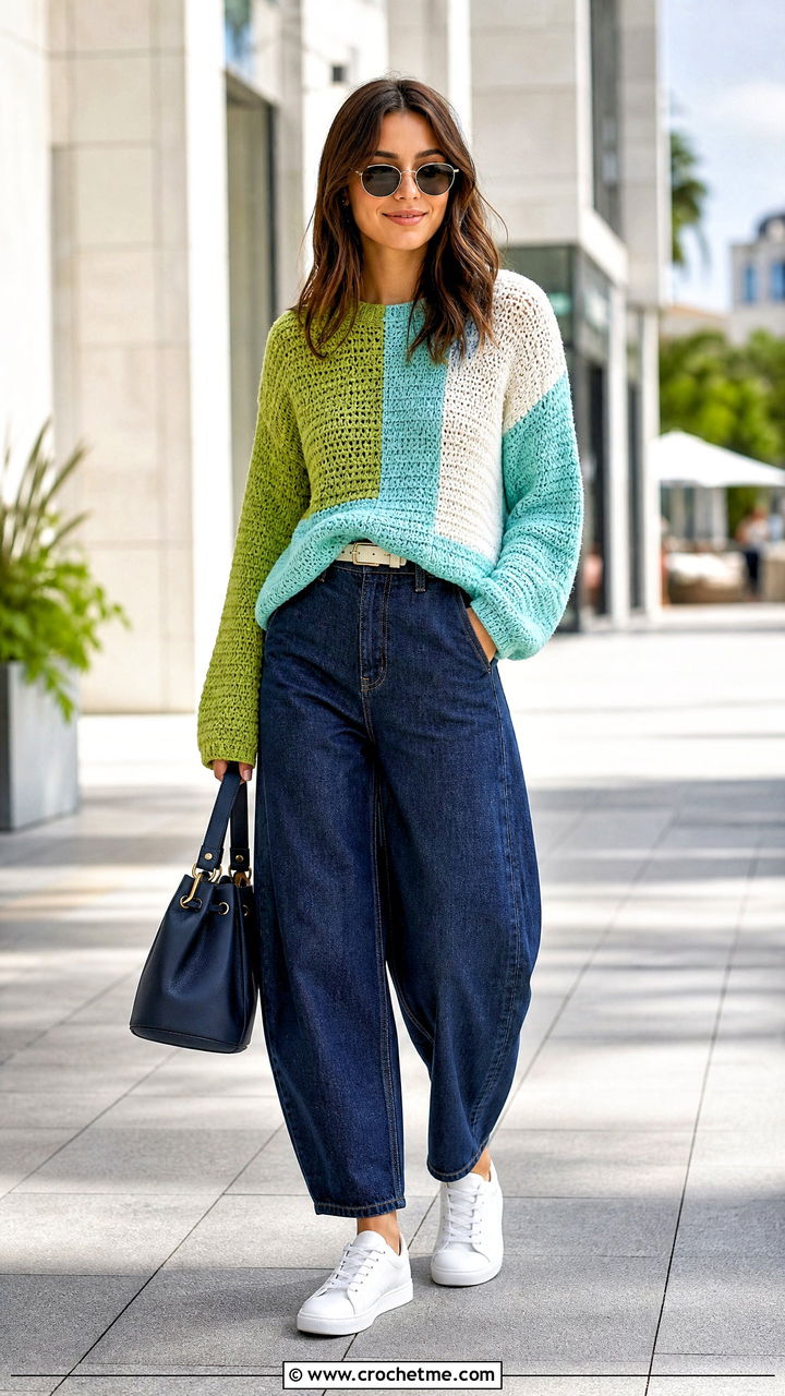 Color Block Crochet Sweater With Barrel Jeans - 35 colorful crochet sweater outfit ideas