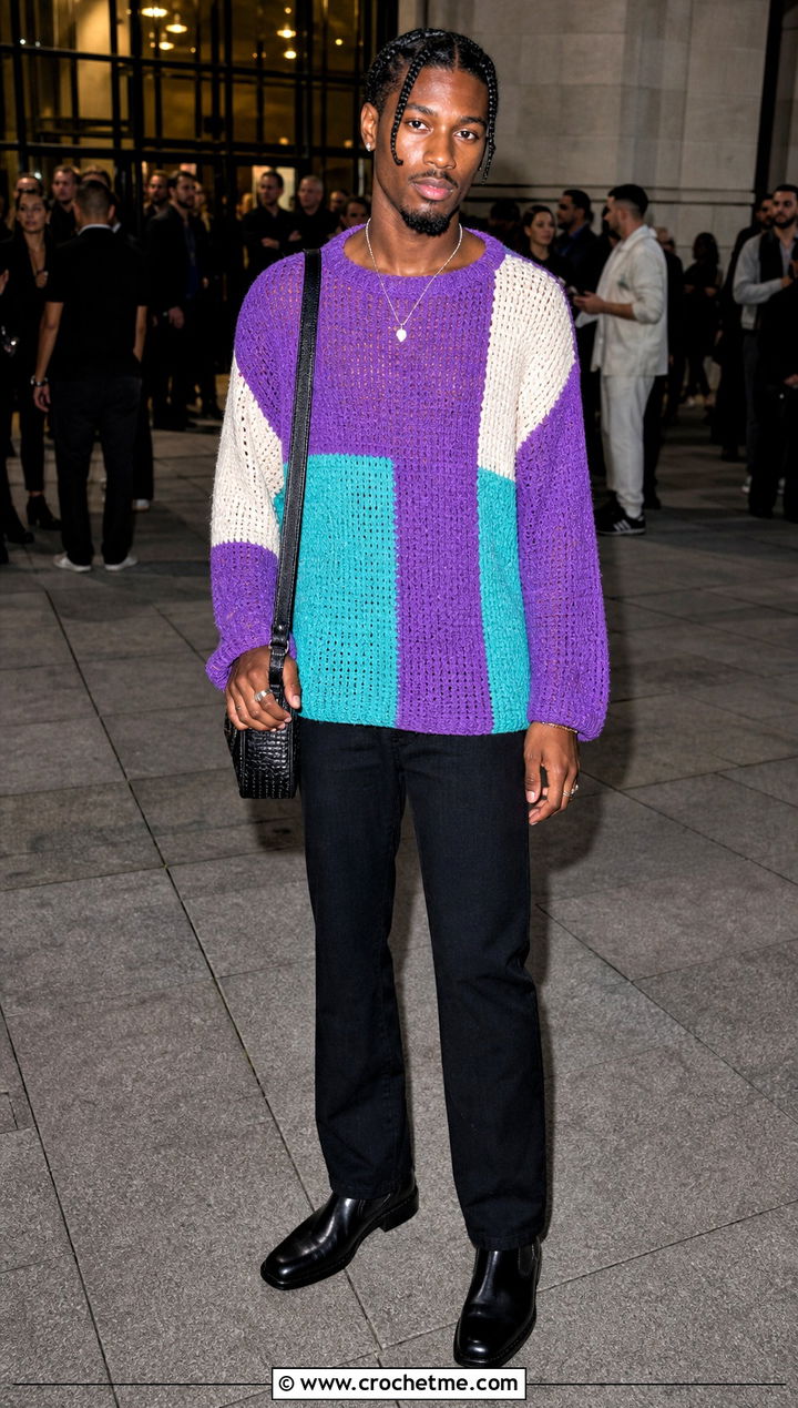 Color Block Crochet Sweater With Black Denim - 30 male crochet sweater outfit ideas