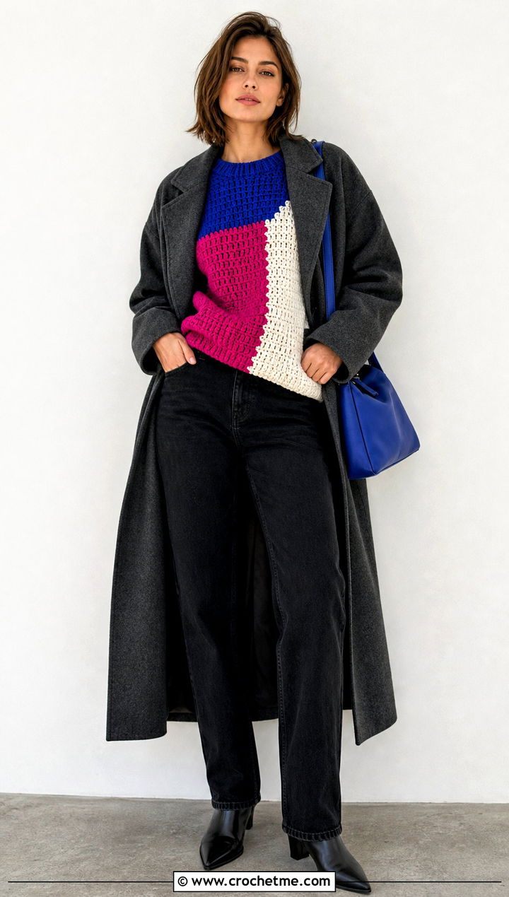 Color Block Crochet Sweater With Black Jeans - 30 winter crochet sweater outfit ideas