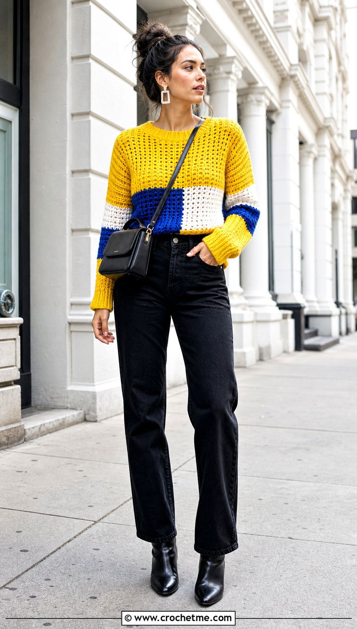 Color Block Crochet Sweater With Black Jeans - 35 crochet sweater women outfit ideas