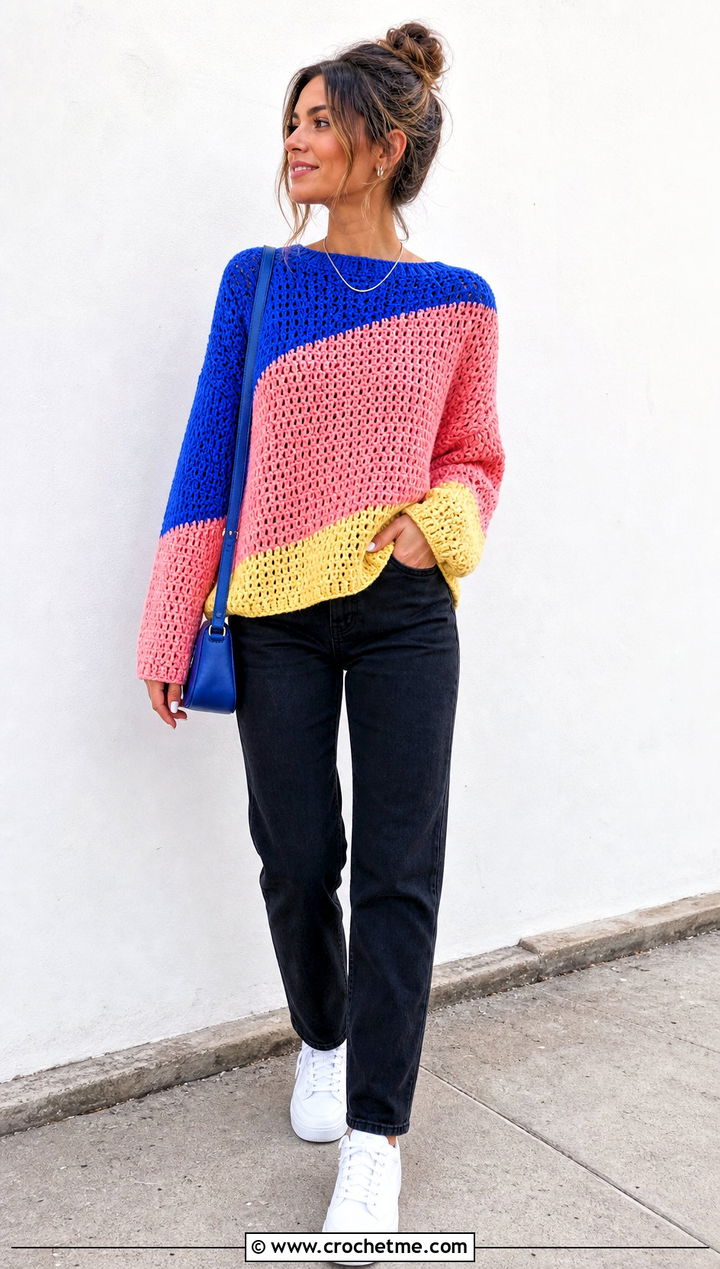 Color Block Crochet Sweater With Black Jeans - 25 Funky Crochet Sweater outfit ideas