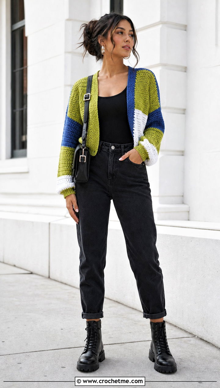 Color Block Crochet Sweater With Black Mom Jeans - 25 90s crochet sweater outfit ideas