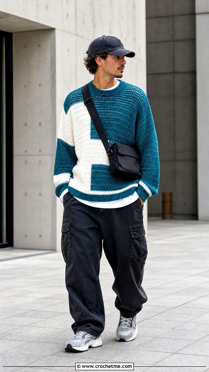 Color Block Crochet Sweater With Cargo Pants - 35 crochet mens sweater outfit ideas