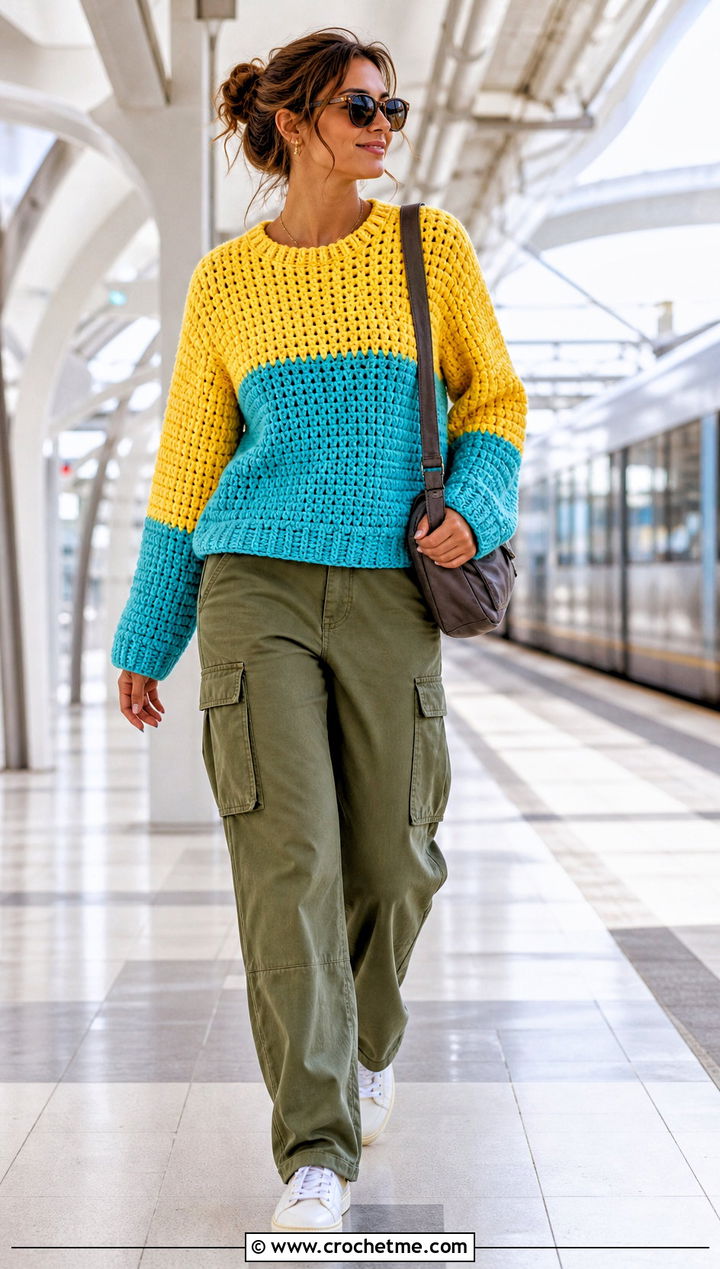 Color Block Crochet Sweater With Cargo Pants - 25 chunky yarn crochet sweater outfit ideas
