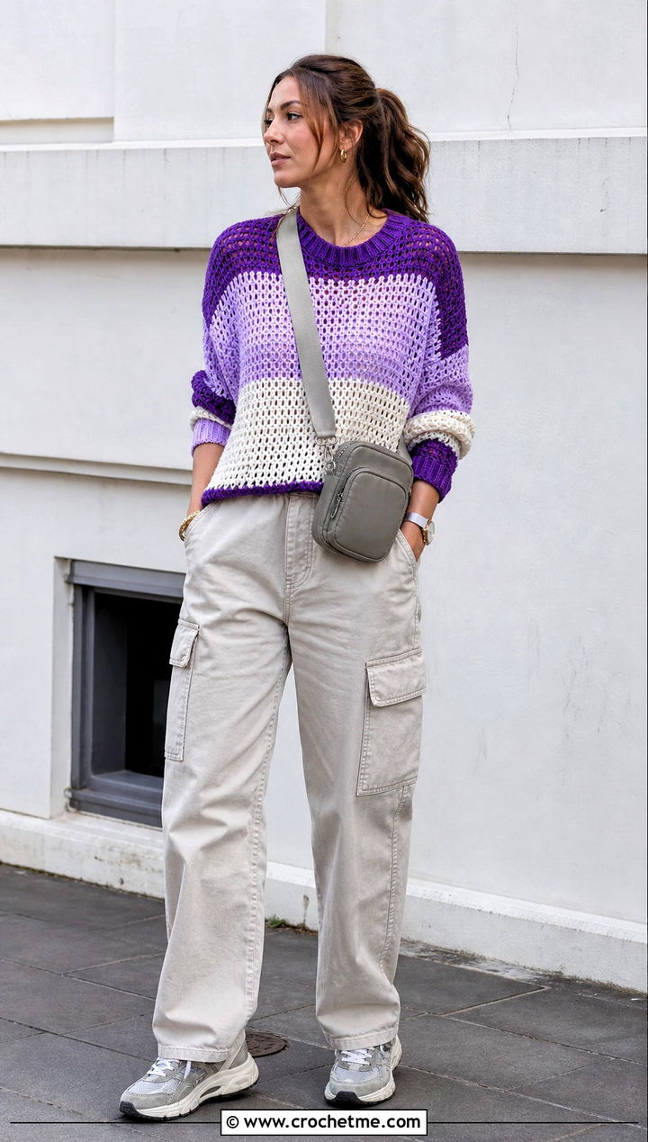 Color Block Crochet Sweater With Cargo Pants - 25 Crochet Quick Sweater outfit ideas