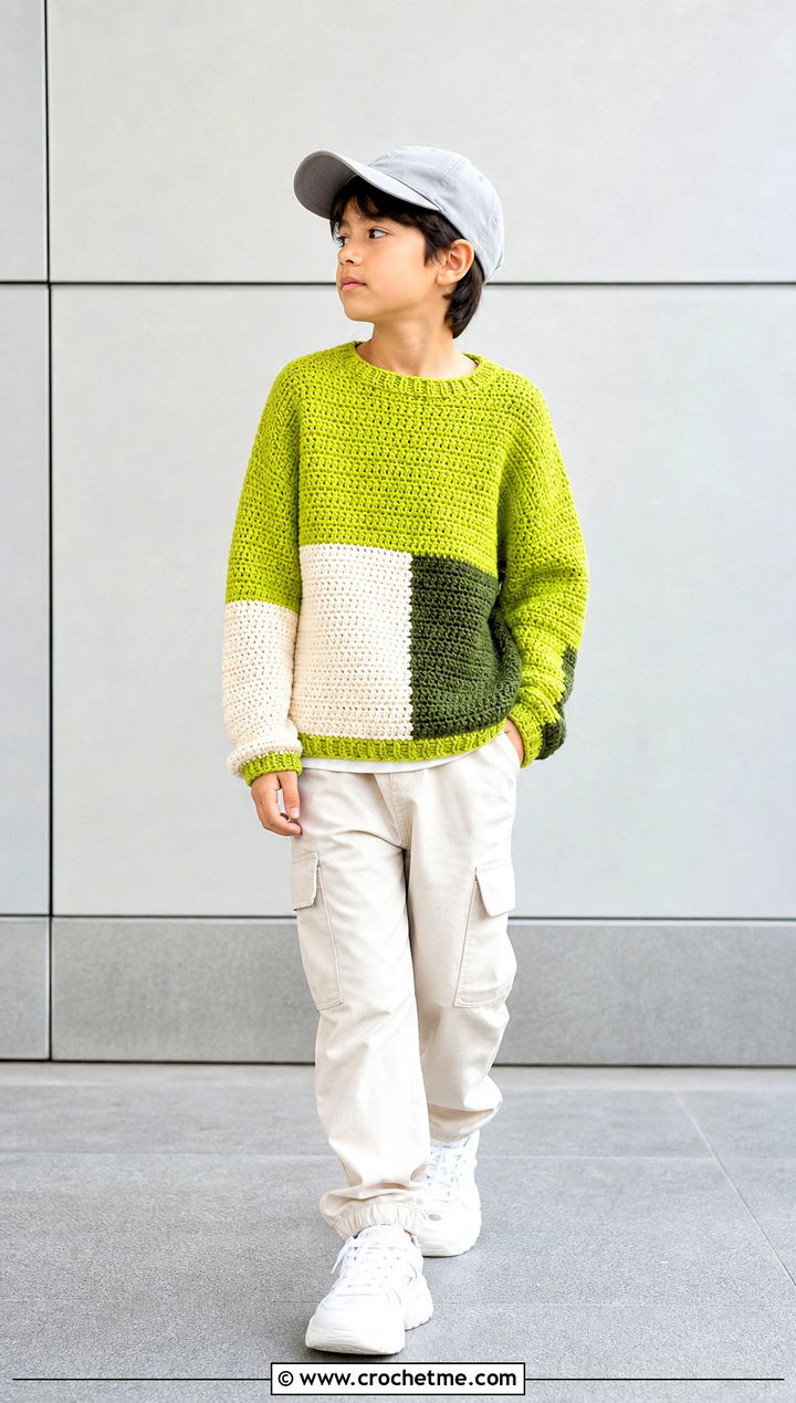 Color Block Crochet Sweater With Cargo Pants - 15 Crochet Childs Sweater outfit ideas