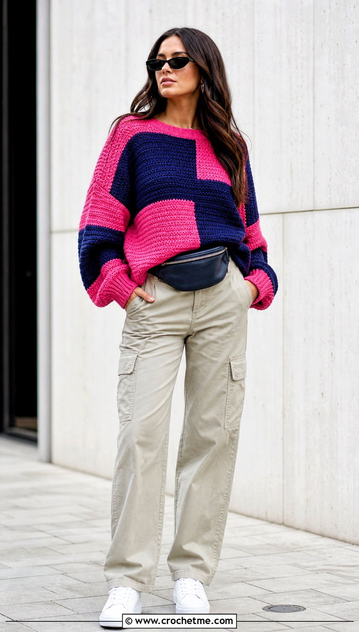 Color Block Crochet Sweater With Cargo Pants - 30 crochet women sweater outfit ideas