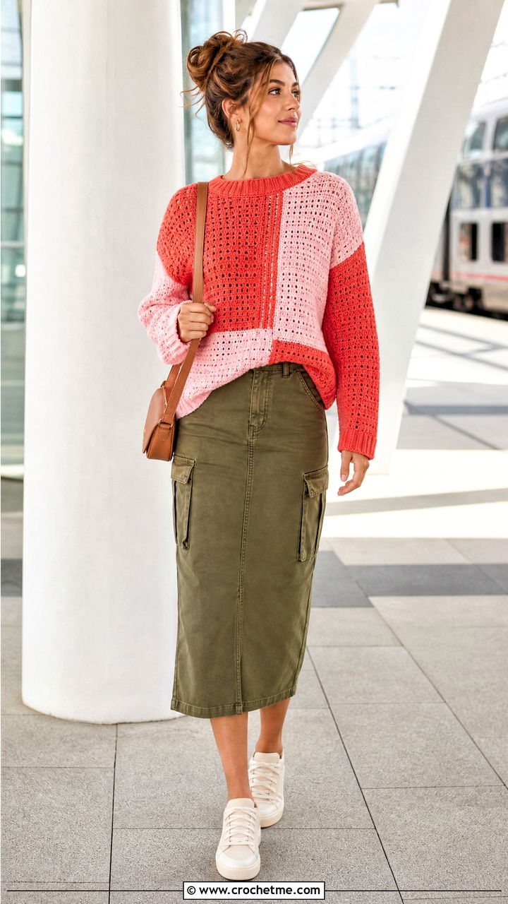 Color Block Crochet Sweater With Cargo Skirt - 35 easy crochet sweater outfit ideas