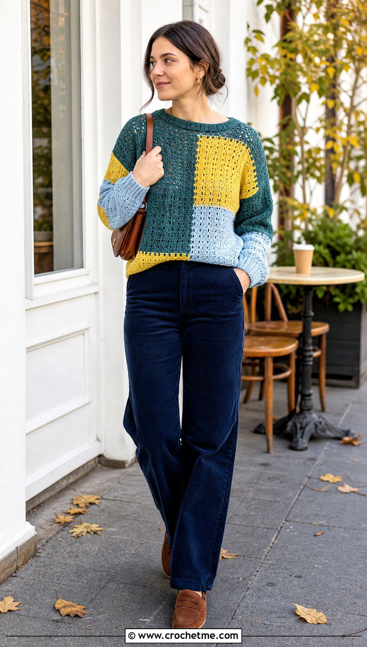 Color Block Crochet Sweater With Corduroy Pants - 30 crochet sweater inspiration outfit ideas