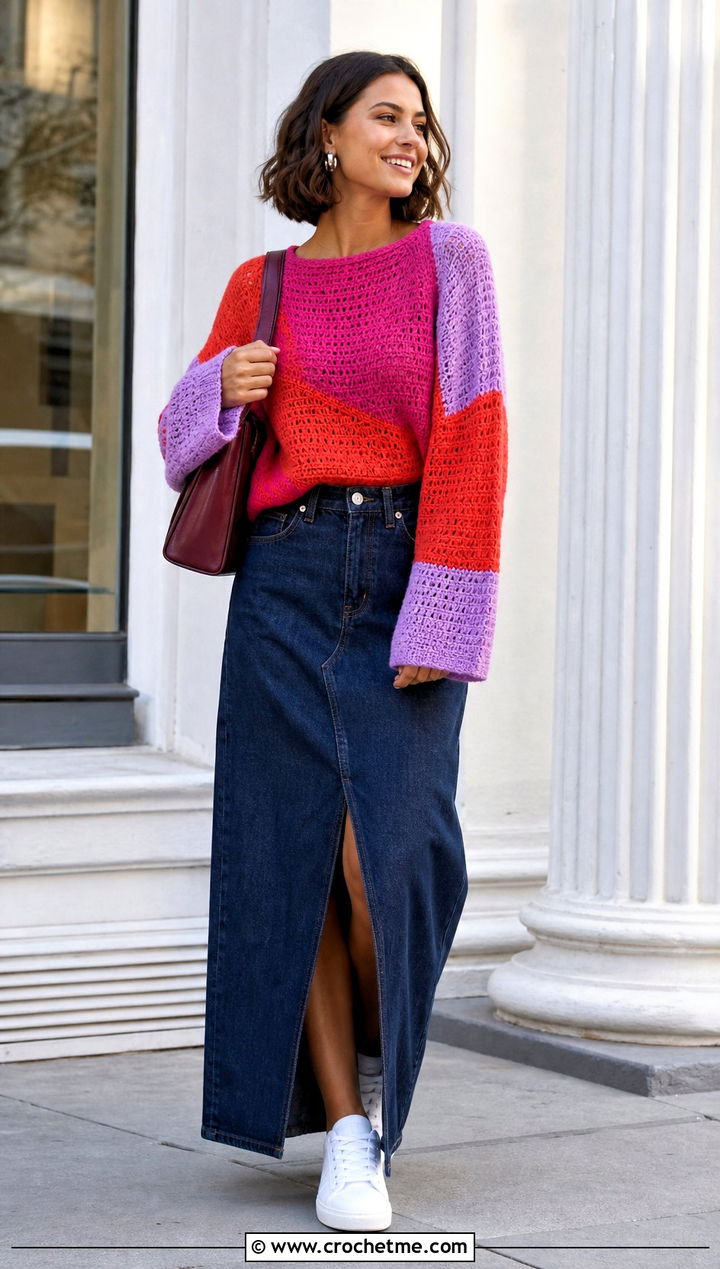 Color Block Crochet Sweater With Denim Maxi Skirt - 25 Crochet For Sweaters For Women outfit ideas