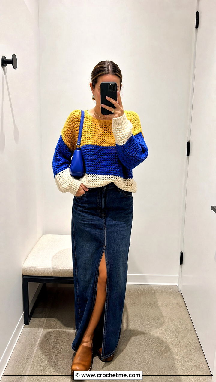 Color Block Crochet Sweater With Denim Maxi Skirt - 15 adult crochet sweater outfit ideas