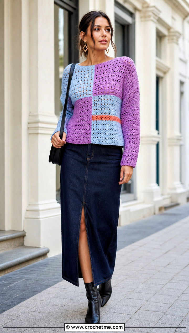 Color Block Crochet Sweater With Denim Maxi Skirt - 35 diy crochet sweater outfit ideas