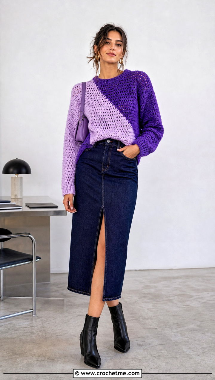 Color Block Crochet Sweater With Denim Midi Skirt - 15 crochet sweater collection outfit ideas
