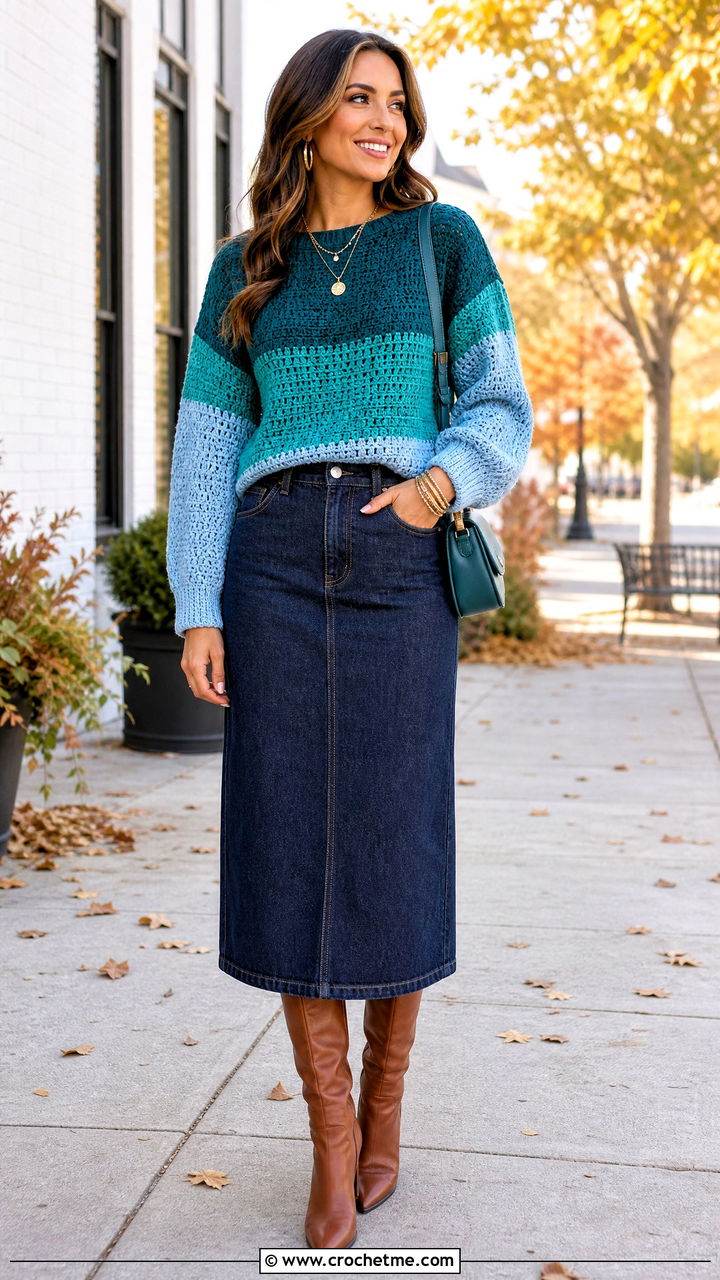 Color Block Crochet Sweater With Denim Midi Skirt - 35 crochet sweater ideas