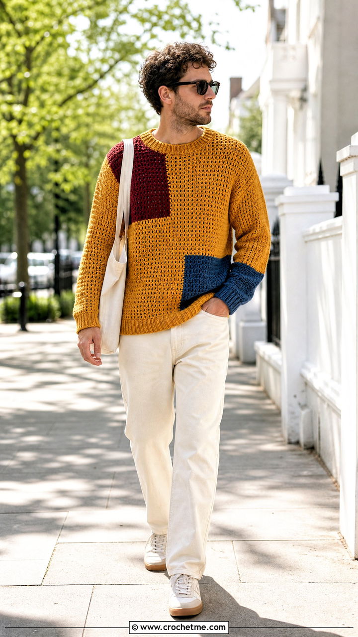 Color Block Crochet Sweater With Ecru Denim - 35 crochet sweater for men outfit ideas