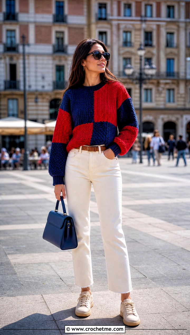 Color Block Crochet Sweater With Ecru Jeans - 25 Crochet Textured Sweater outfit ideas