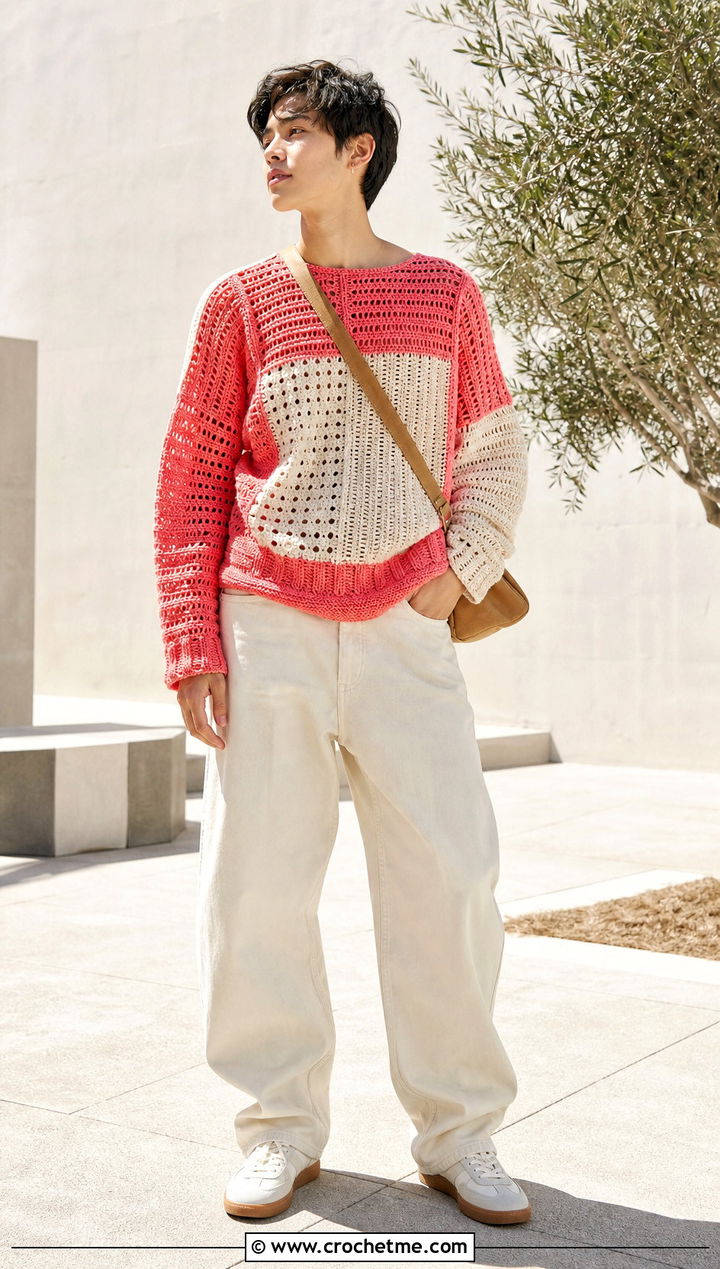 Color Block Crochet Sweater With Ecru Jeans - 25 unisex crochet sweater outfit ideas