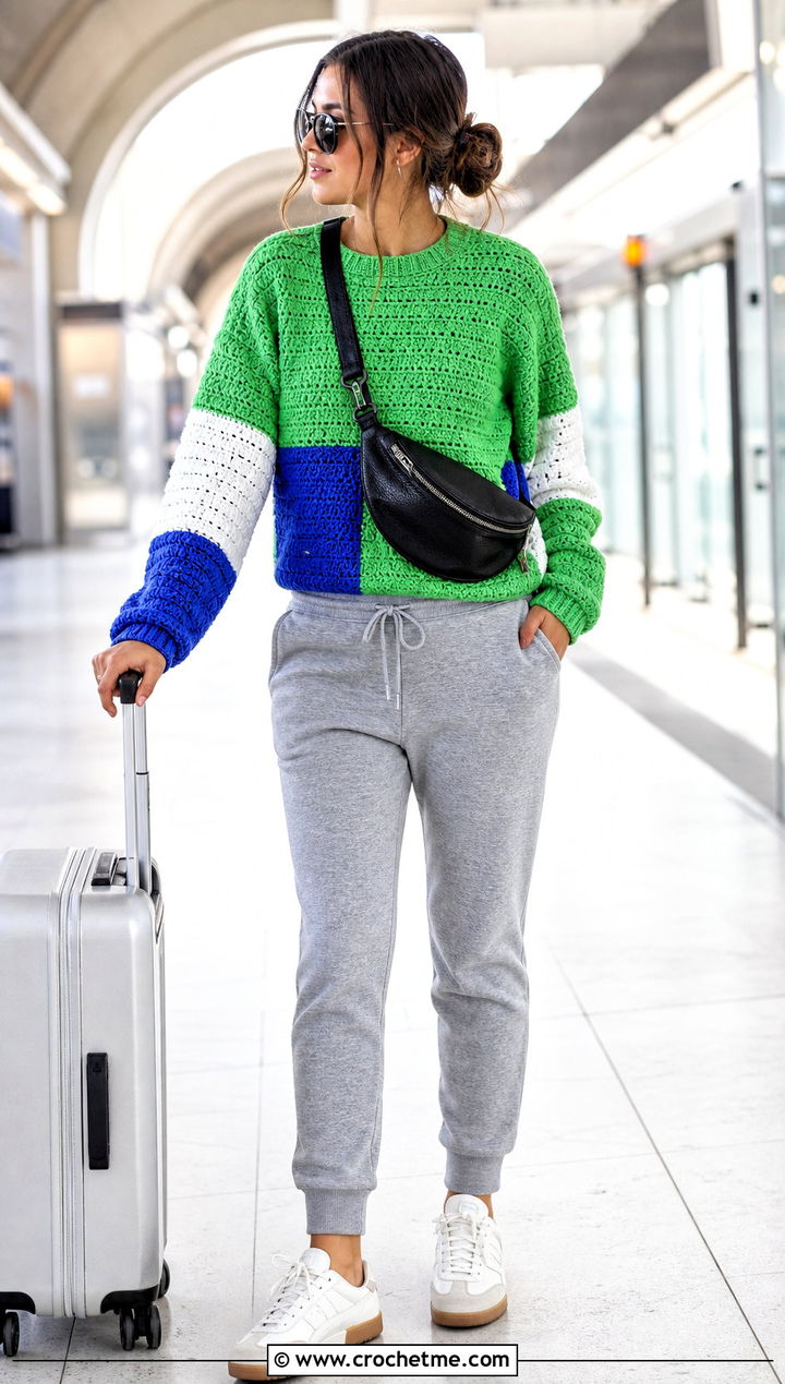 Color Block Crochet Sweater With Jogger Pants - 15 Simple Crochet Sweater Design outfit ideas