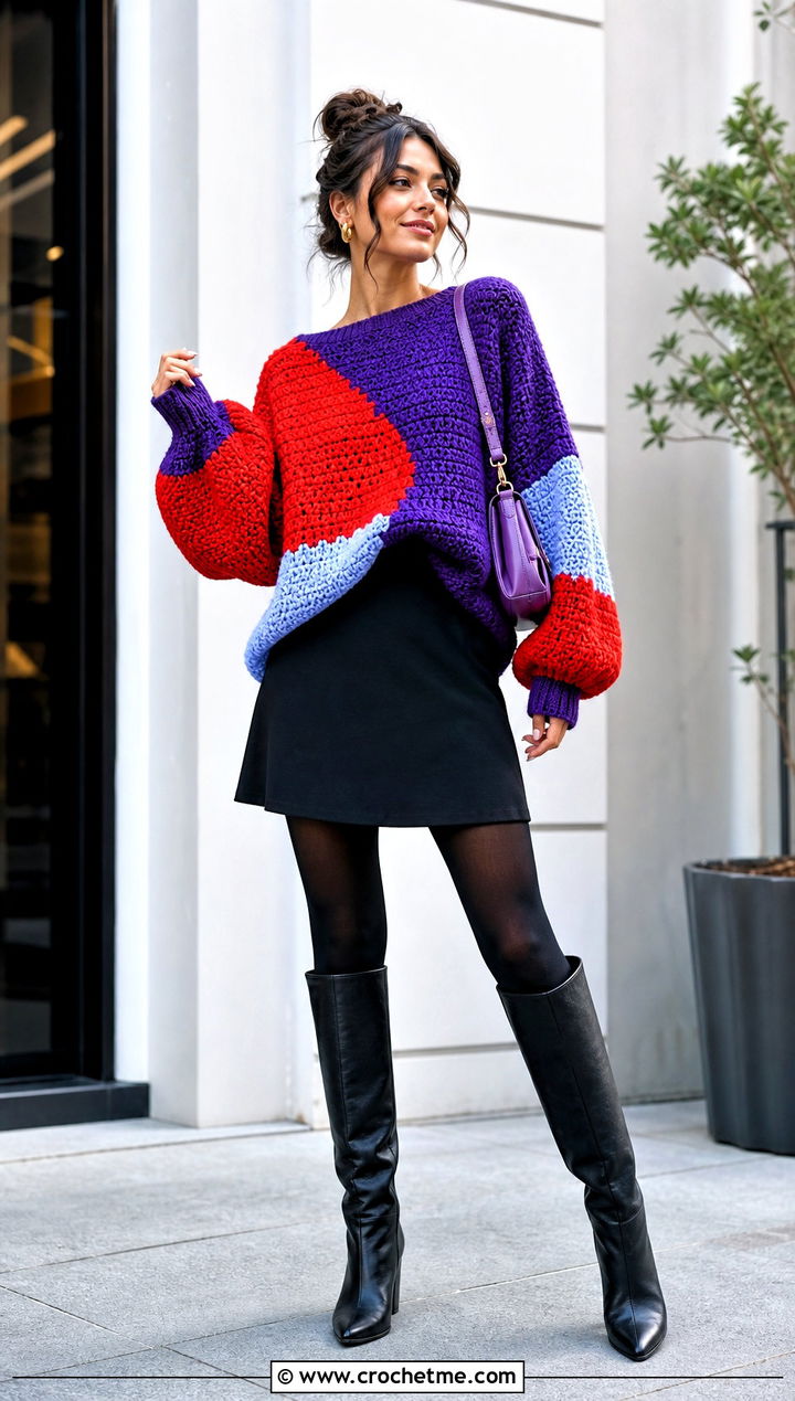 Color Block Crochet Sweater With Mini Skirt And Boots - 15 Oversized Crochet Sweaters outfit ideas