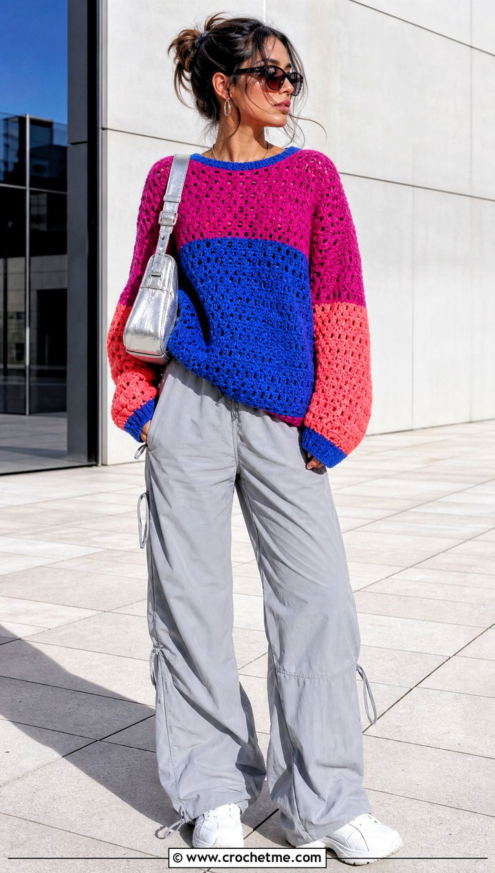 Color Block Crochet Sweater With Parachute Pants - 35 cute crochet sweater outfit ideas