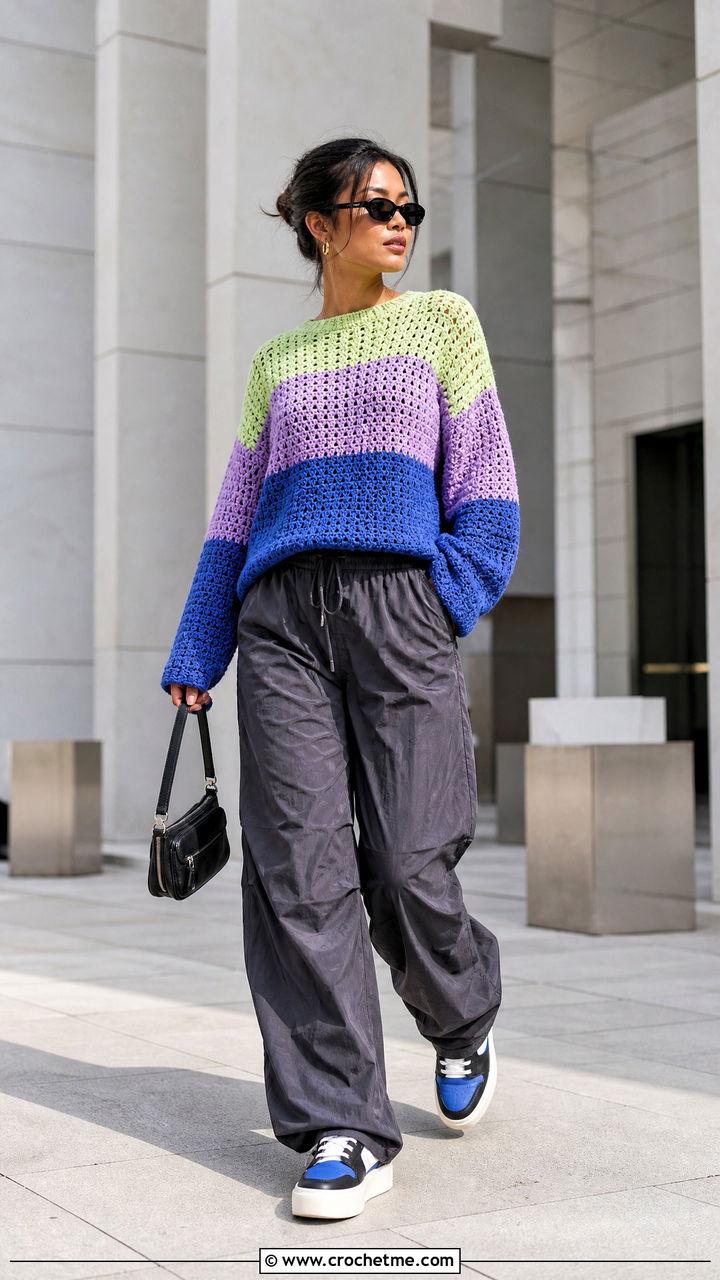 Color Block Crochet Sweater With Parachute Pants - 35 crochet sweaters outfit ideas