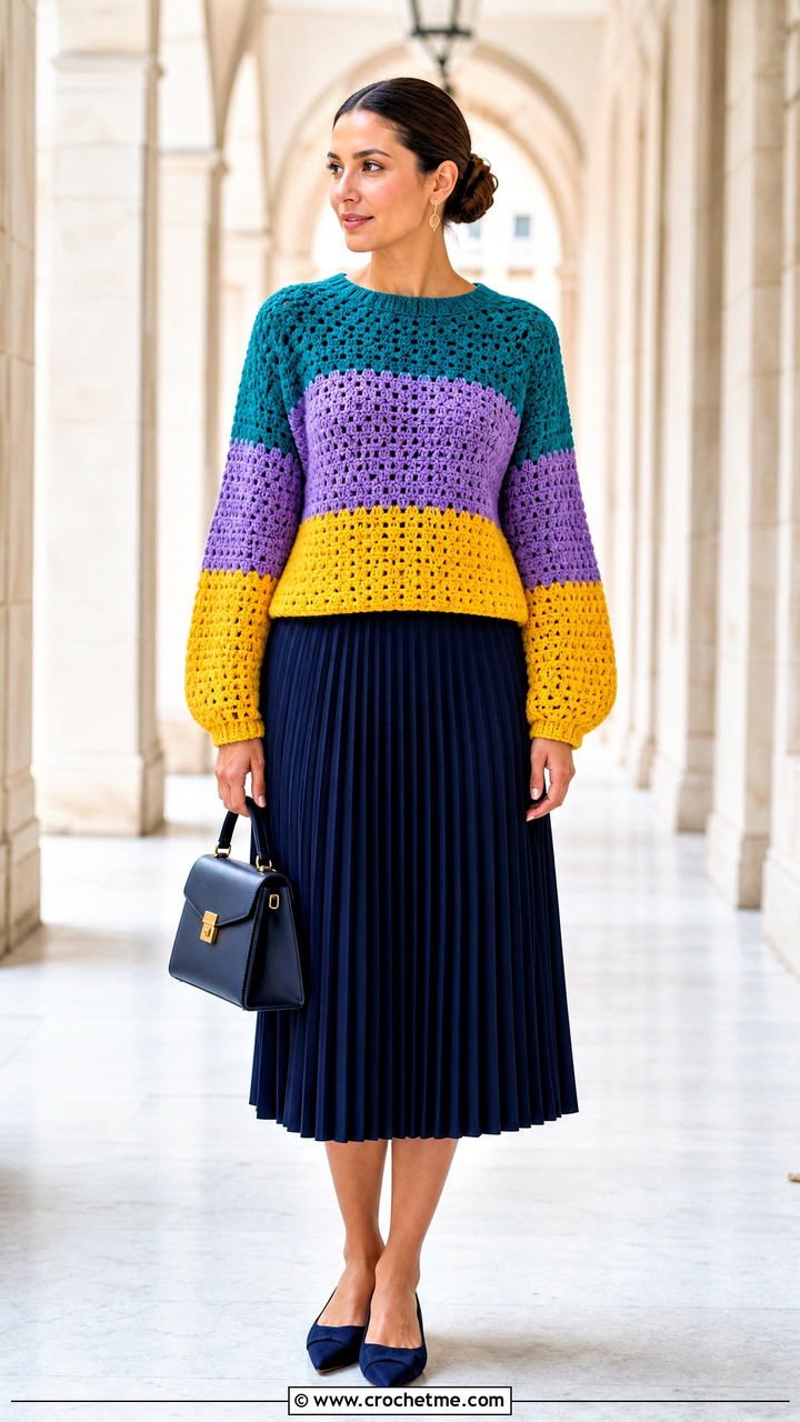 Color Block Crochet Sweater With Pleated Midi Skirt - 35 crochet sweaters women outfit ideas