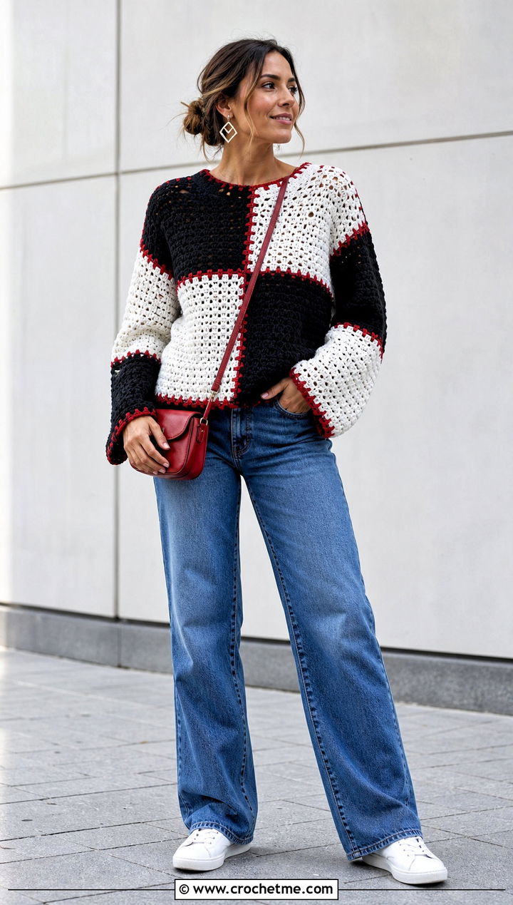 Color Block Crochet Sweater With Straight Leg Jeans - 35 black and white crochet sweater outfit ideas