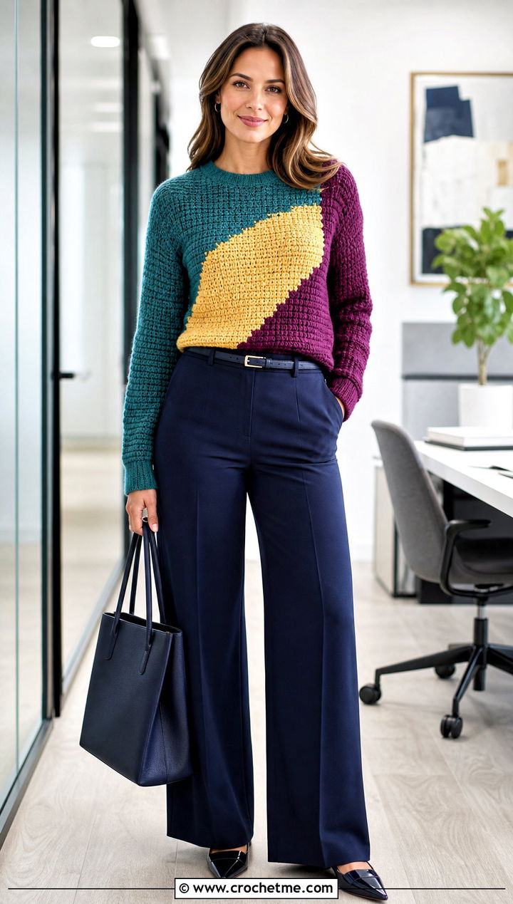 Color Block Crochet Sweater With Tailored Trousers - 15 vibrant crochet sweater design outfit ideas