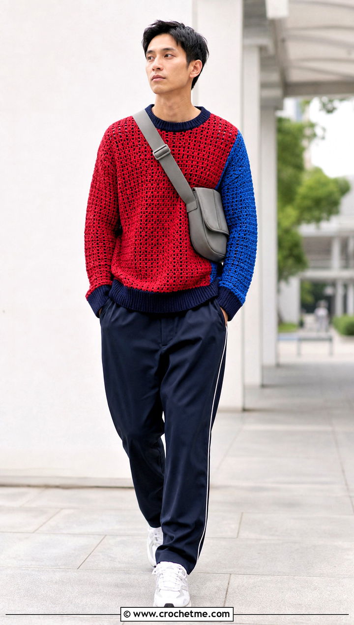 Color Block Crochet Sweater With Track Pants - 30 crochet sweater for man outfit ideas