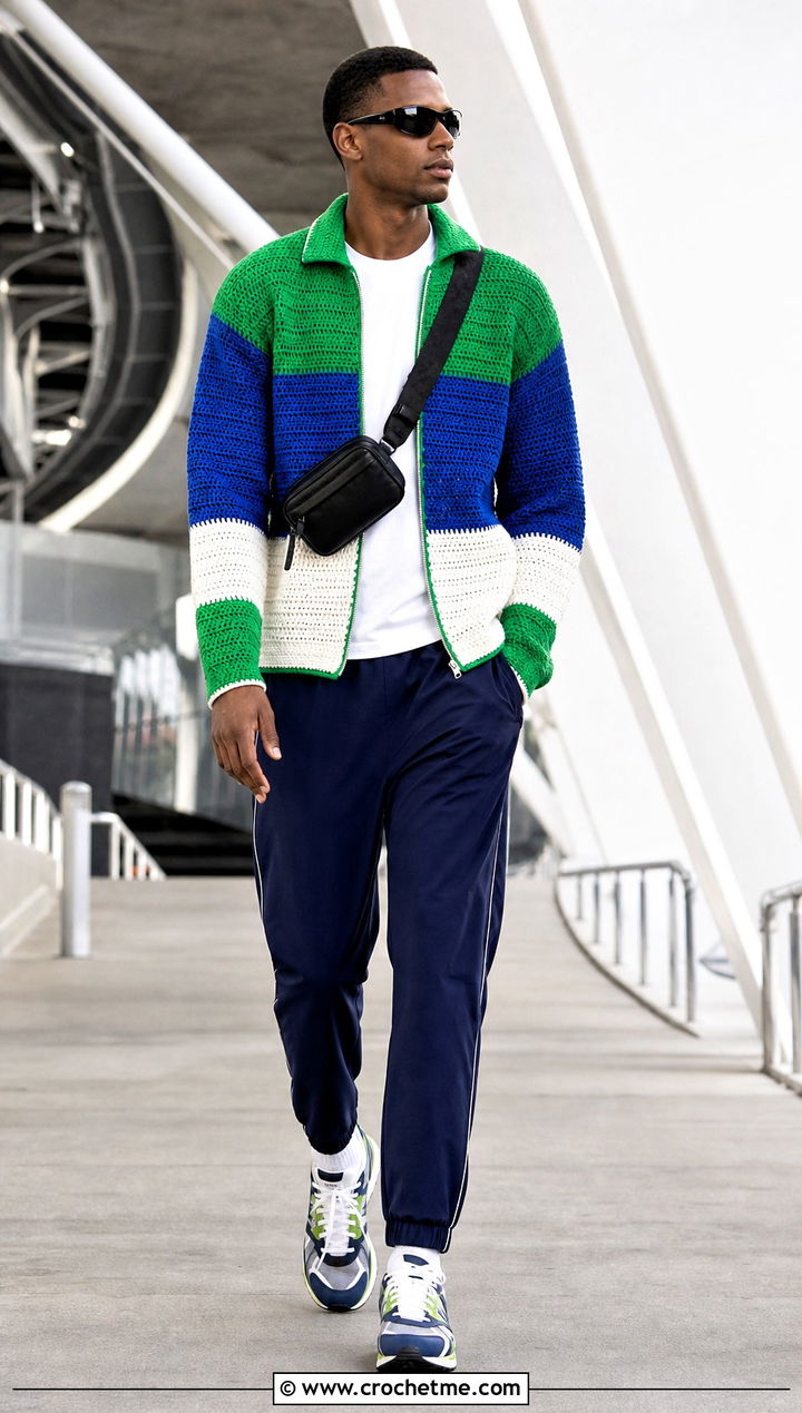 Color Block Crochet Sweater With Track Pants - 35 men's crochet sweater ideas