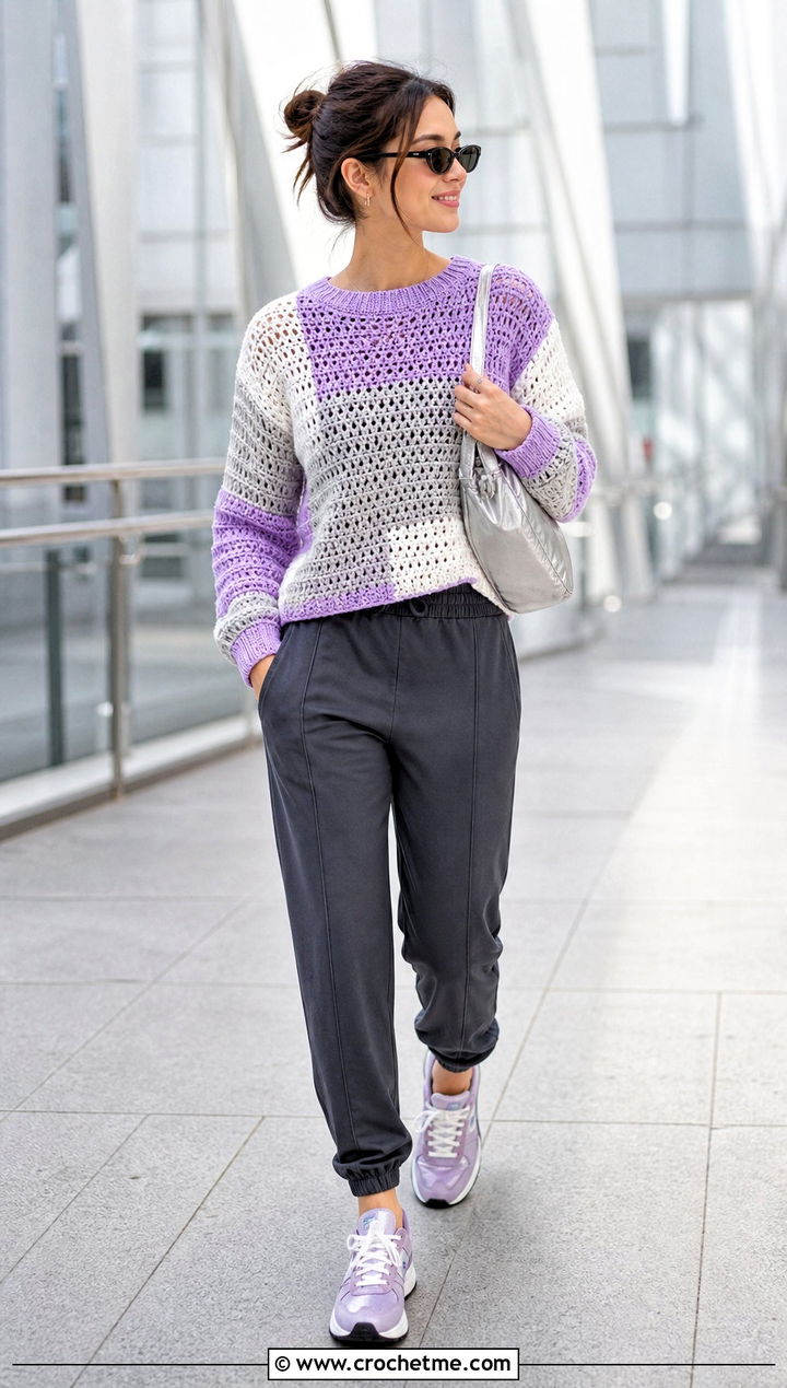 Color Block Crochet Sweater With Track Pants - 35 simple crochet sweater outfit ideas