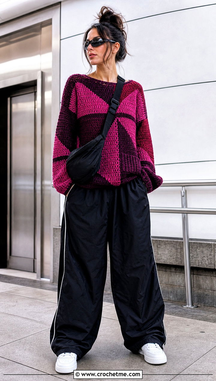 Color Block Crochet Sweater With Track Pants - 25 alt crochet sweater outfit ideas