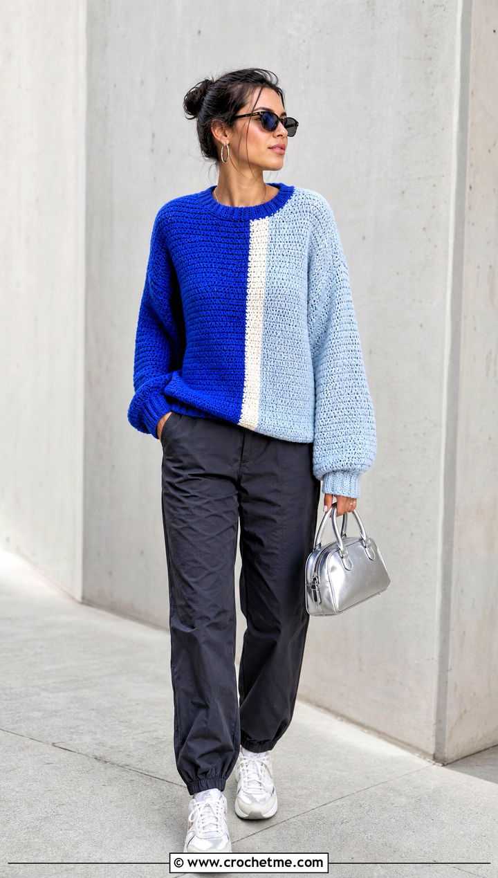 Color Block Crochet Sweater With Track Pants - 25 Fire Crochet Sweater outfit ideas