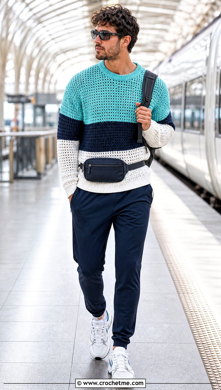 Color Block Crochet Sweater With Track Pants - 25 Mens Crochet Sweaters outfit ideas
