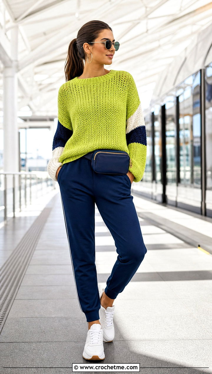 Color Block Crochet Sweater With Track Pants - 25 Womens Crochet Sweater outfit ideas