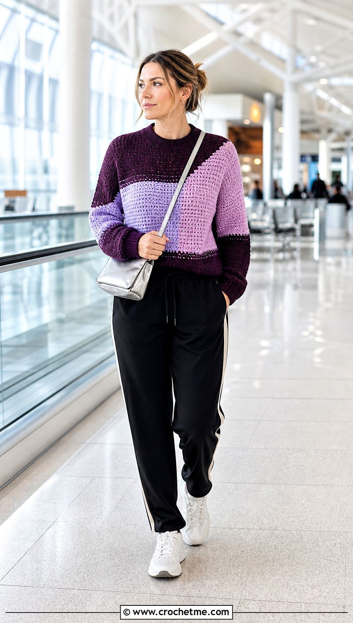Color Block Crochet Sweater With Track Pants - 15 Sweaters To Crochet For Women outfit ideas