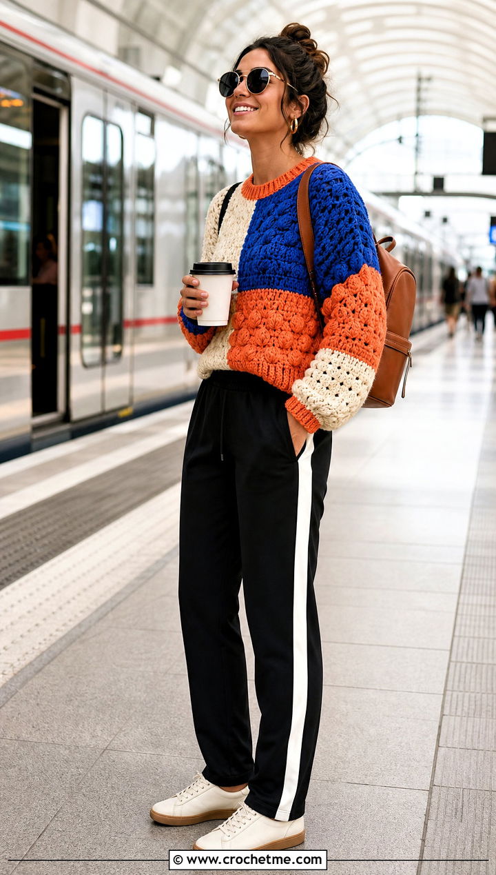 Color Block Crochet Sweater With Track Pants - 30 fall crochet sweaters outfit ideas