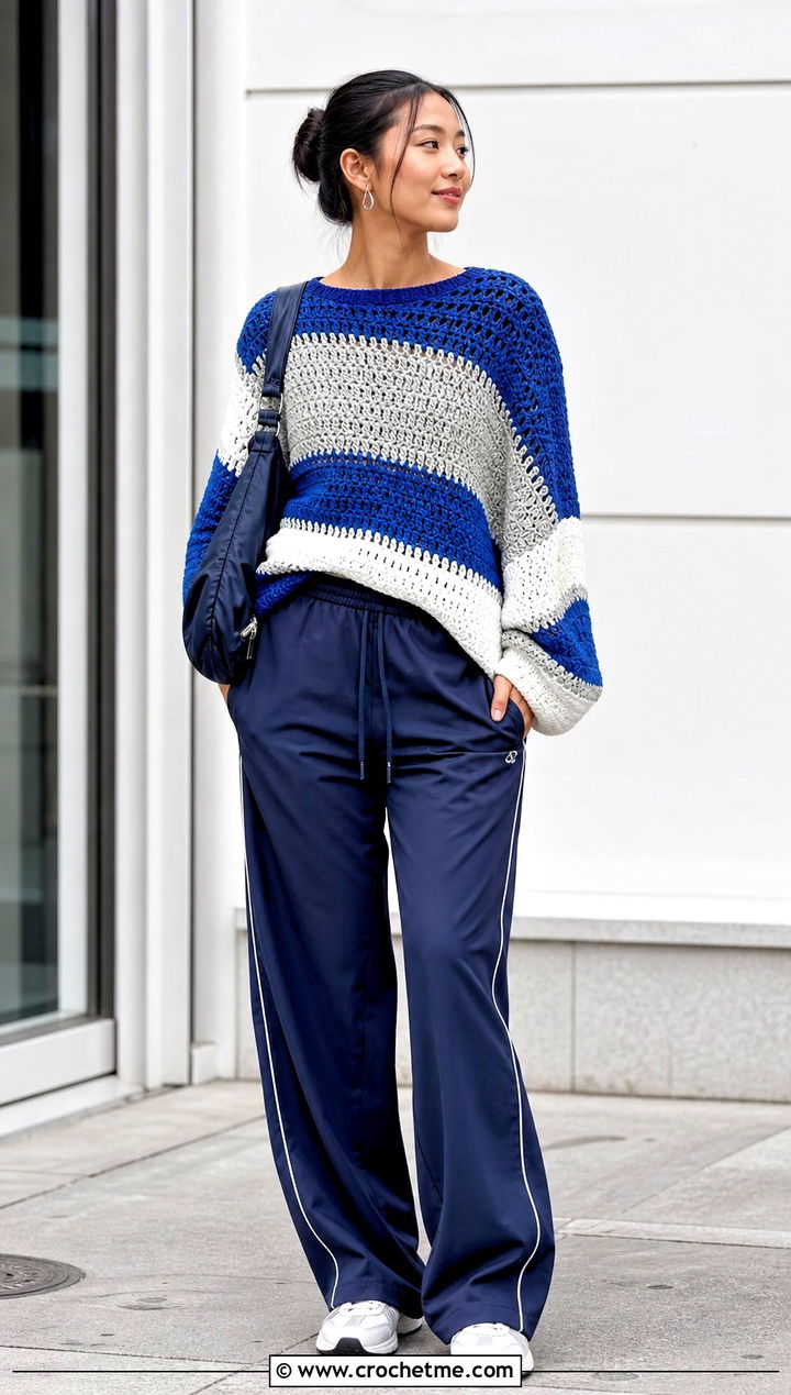 Color Block Crochet Sweater With Track Pants - 30 knit look crochet sweater outfit ideas