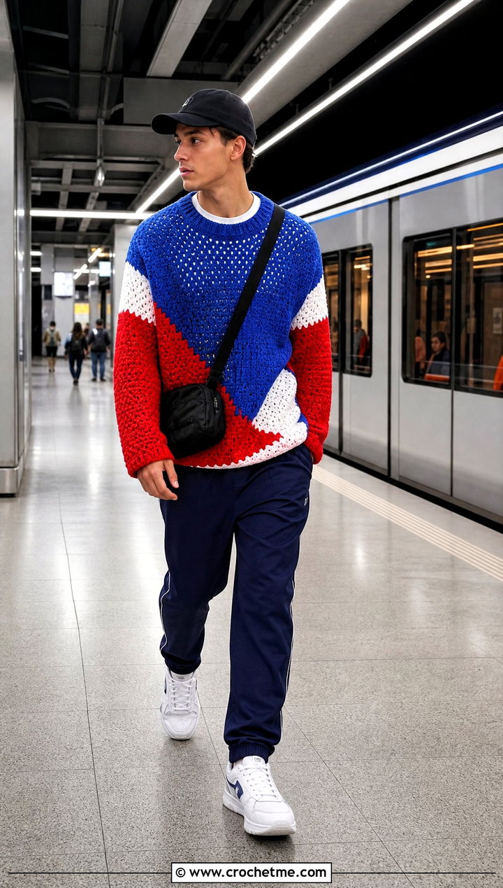 Color Block Crochet Sweater With Track Pants - 35 crochet man sweaters outfit ideas