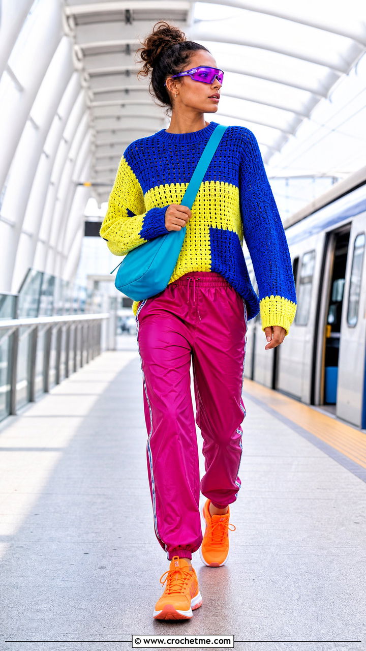 Color Block Crochet Sweater With Track Pants - 35 crochet sweater design outfit ideas