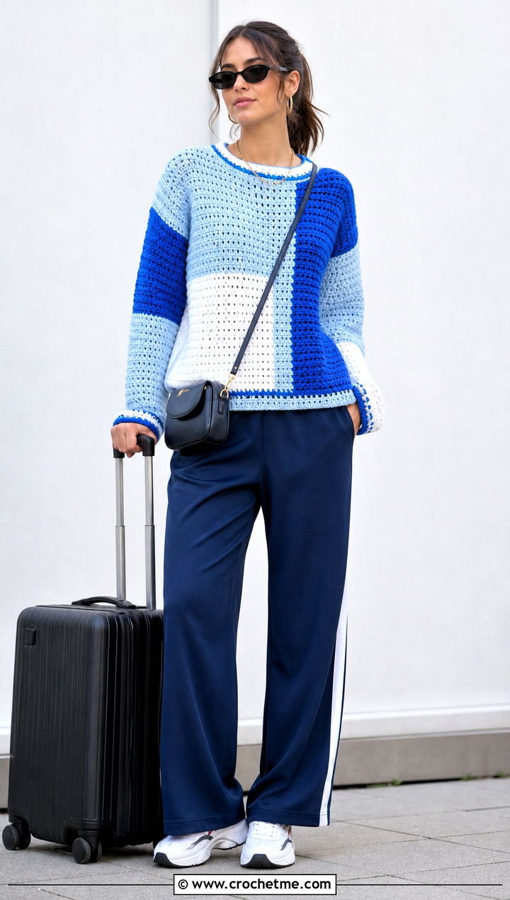 Color Block Crochet Sweater With Track Pants - 35 crocheted sweaters outfit ideas